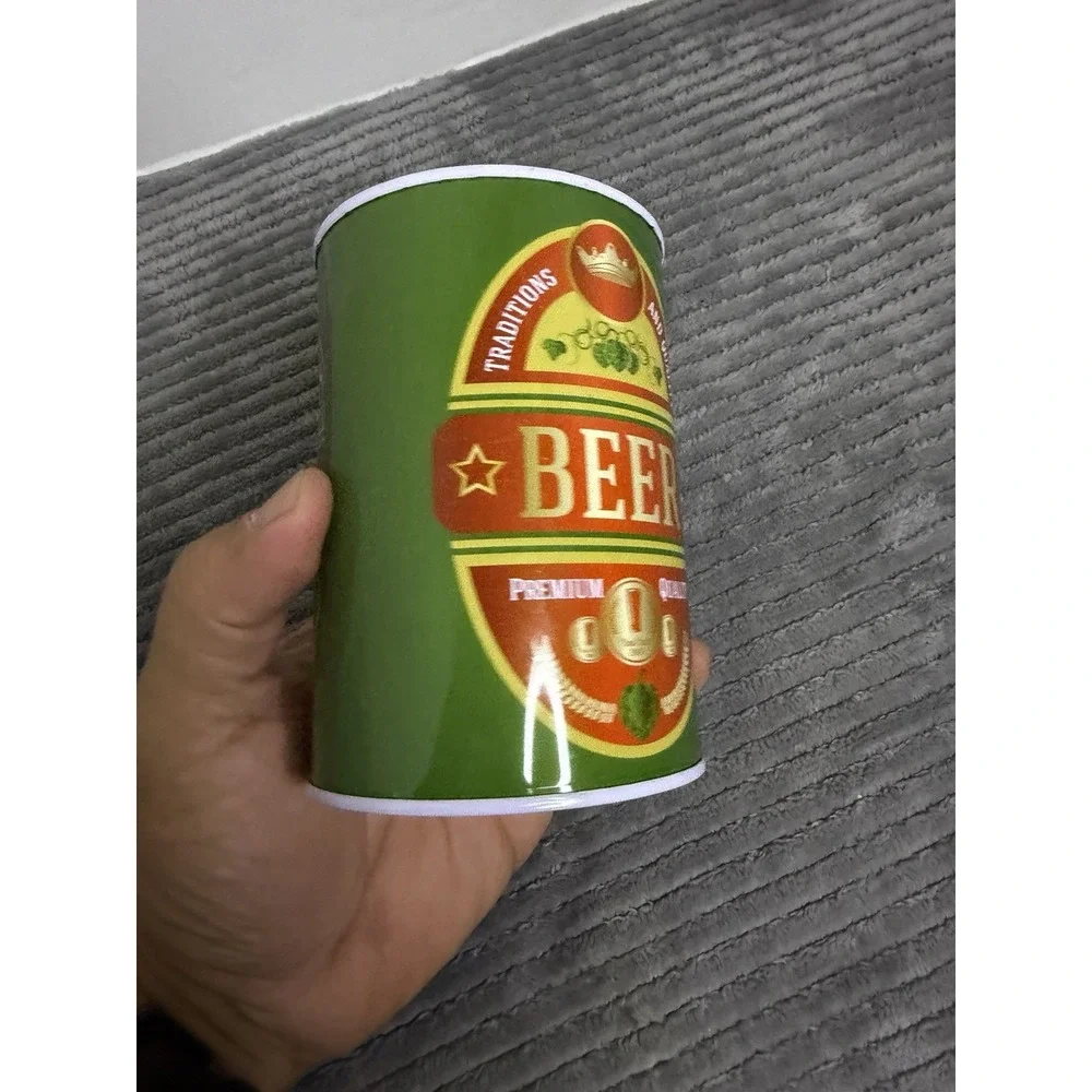 NWT Gift Beer Can Money Piggy Bank Aluminum Green Tan New